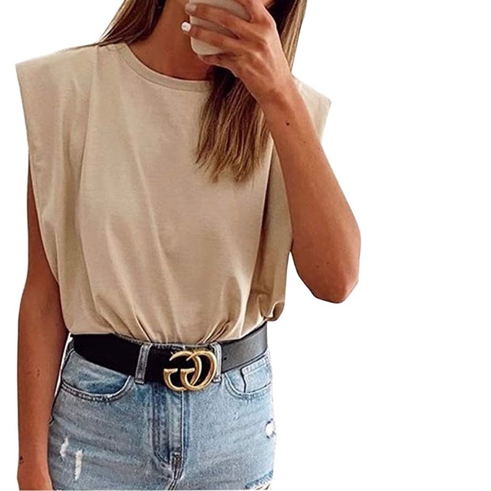 Sleeveless t-shirt w/ shoulder pads, tan / nude, S